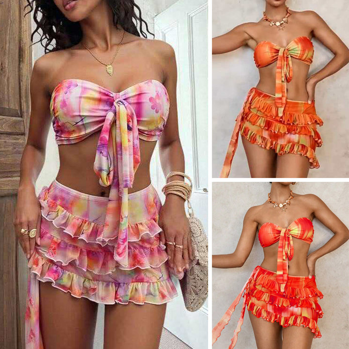 Damen Bandeau-Bikini-Set mit Rüschen und Wickeltuch Echo Archiv