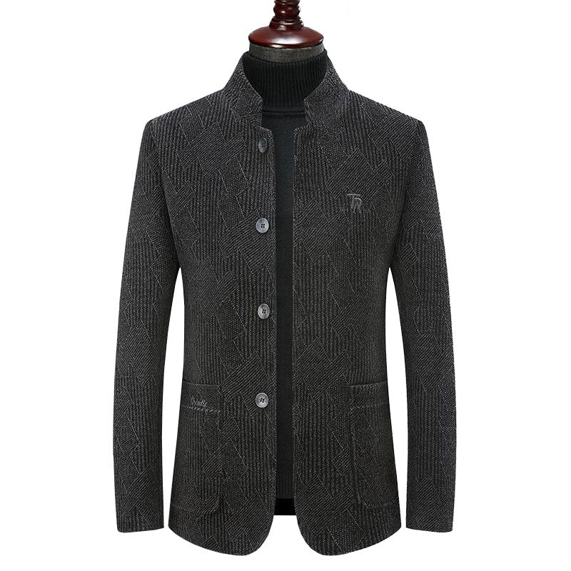 Herren Moderner Stehkragen-Blazer im Bouclé-Look mit feiner geometrischer Struktur – Tianoro