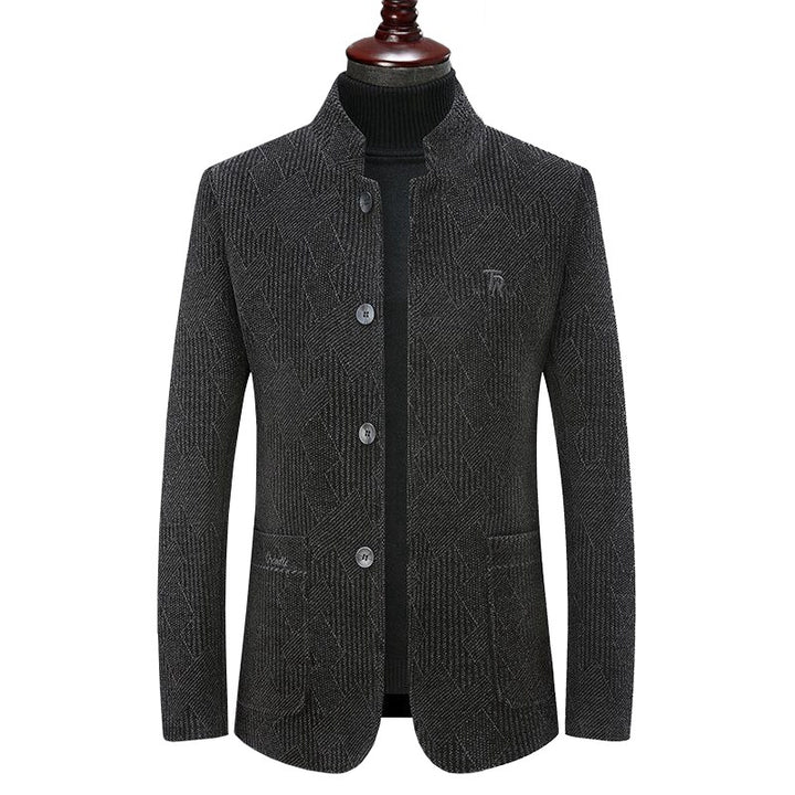 Herren Moderner Stehkragen-Blazer im Bouclé-Look mit feiner geometrischer Struktur – Tianoro