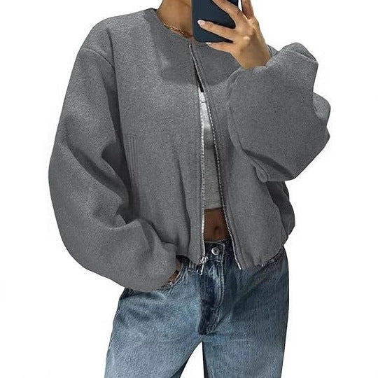 Damen Kurzjacke mit durchgehendem Reißverschluss, Ballonärmeln und elastischem Saum Echoarchiv