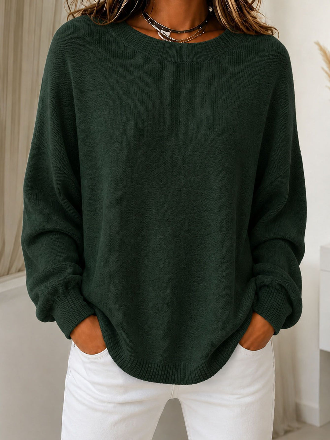 Damen Leichter Cashmere‑Touch Pullover mit Rundhalsausschnitt, überschnittener Schulter und gerippten Bündchen – Mavelle