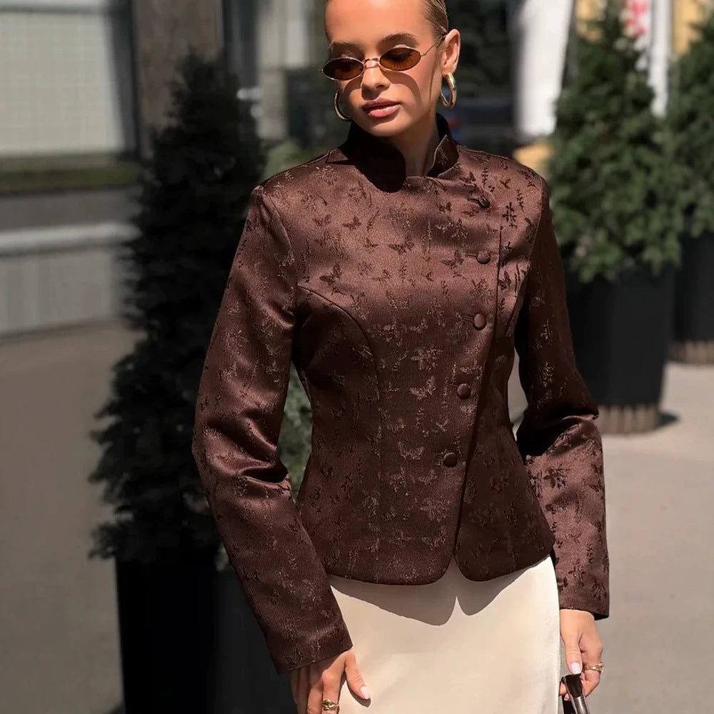 Damen Taillierter Jacquard-Blazer mit überlappendem Revers und dekorativen Knöpfen Echoarchiv