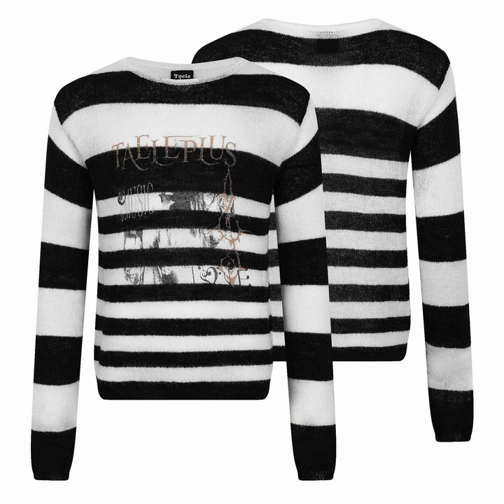 Unisex Gestreifter leichter Mohair‑Mix Rundhalspullover mit Vintage‑Motiv Echoarchiv