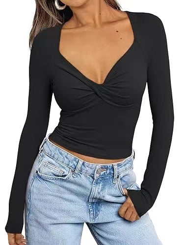 Damen Enganliegendes Langarm-Top mit tiefem V‑Ausschnitt und Twist‑Detail Echo Archiv