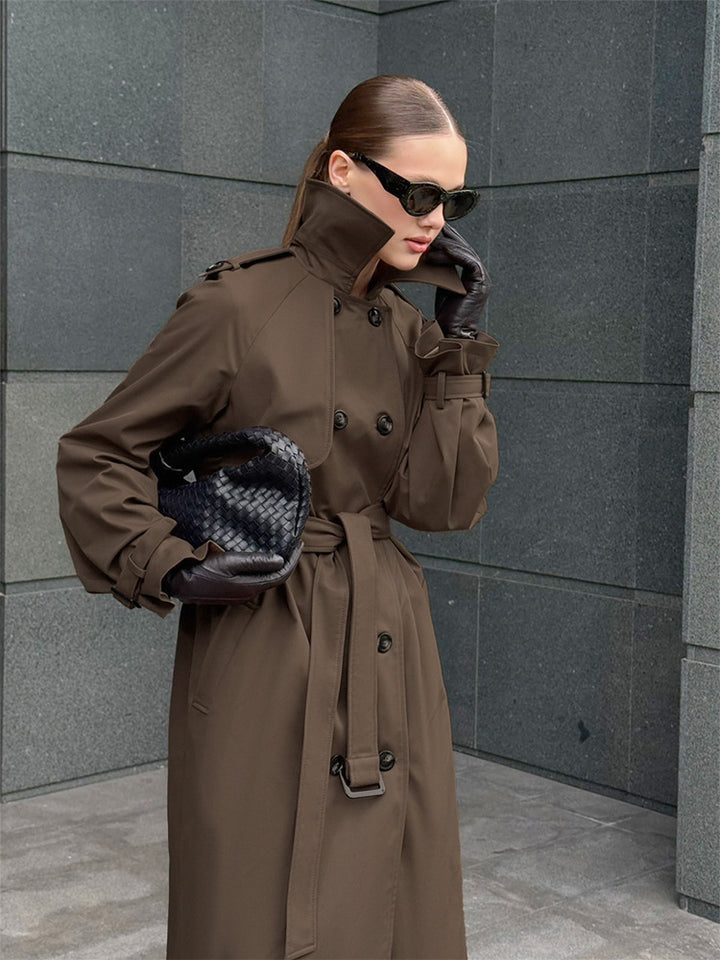 Damen Lang geschnittener wasserabweisender Trenchcoat mit hohem Stehkragen und Taillengürtel Echoarchiv