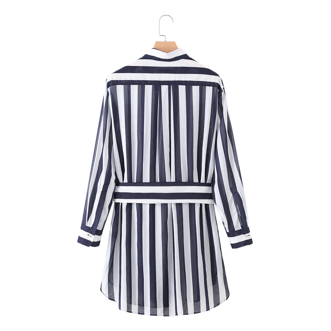 Damen Gestreiftes Hemdblusenkleid mit Taillengürtel und Langarm Echo Archiv