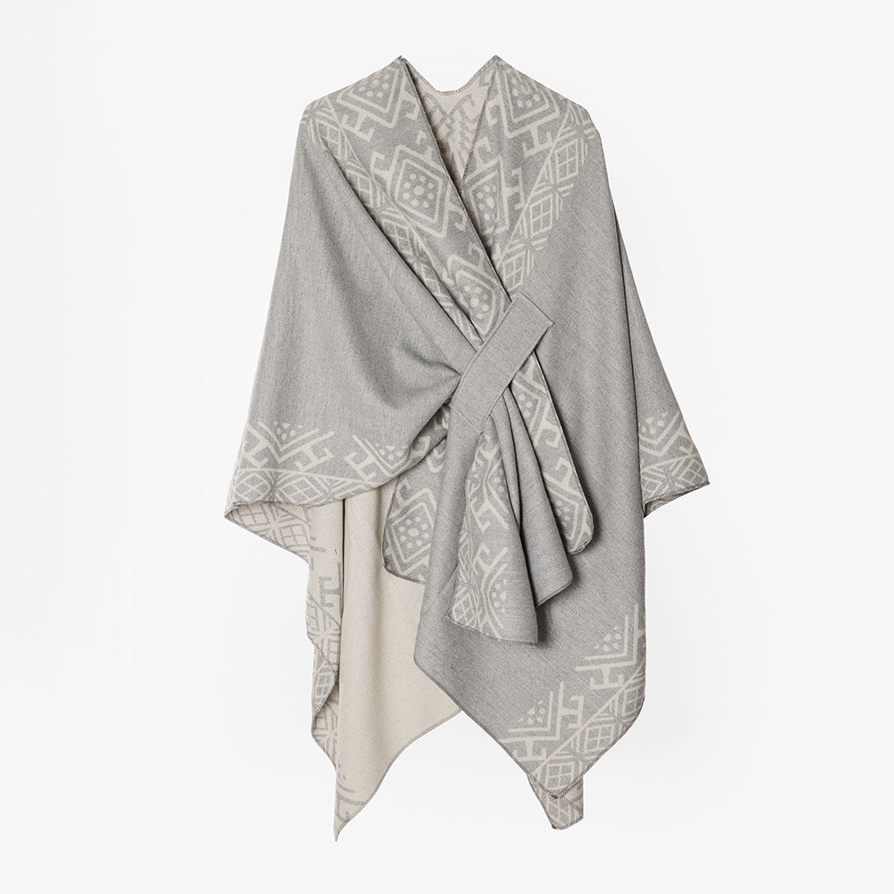 Damen Reversibler Wollmix-Cape mit Bindeschlaufe und feinem Jacquardmuster – Avérine