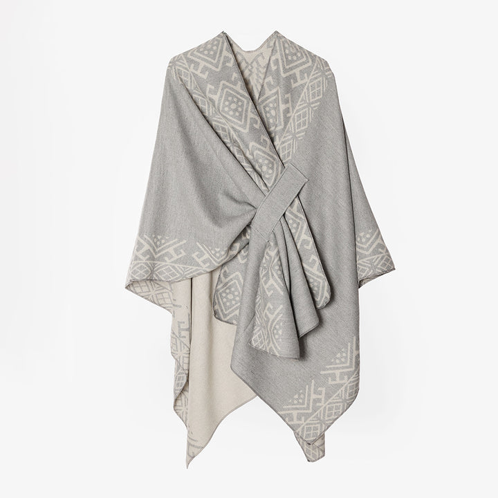Damen Reversibler Wollmix-Cape mit Bindeschlaufe und feinem Jacquardmuster – Avérine