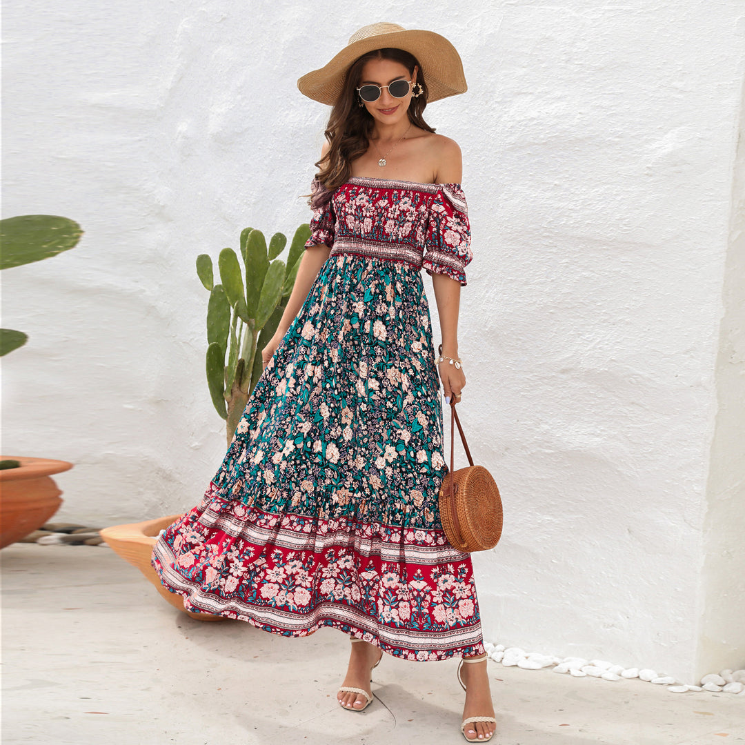 Damen Maxi-Kleid mit schulterfreier Passform und floralen Mustern Echo Archiv