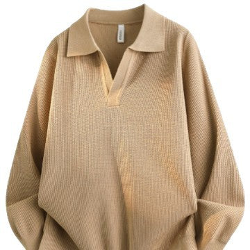 Unisex Oversized Feinstrick-Polo-Pullover mit offenem V‑Ausschnitt und lässiger Silhouette Echoarchiv