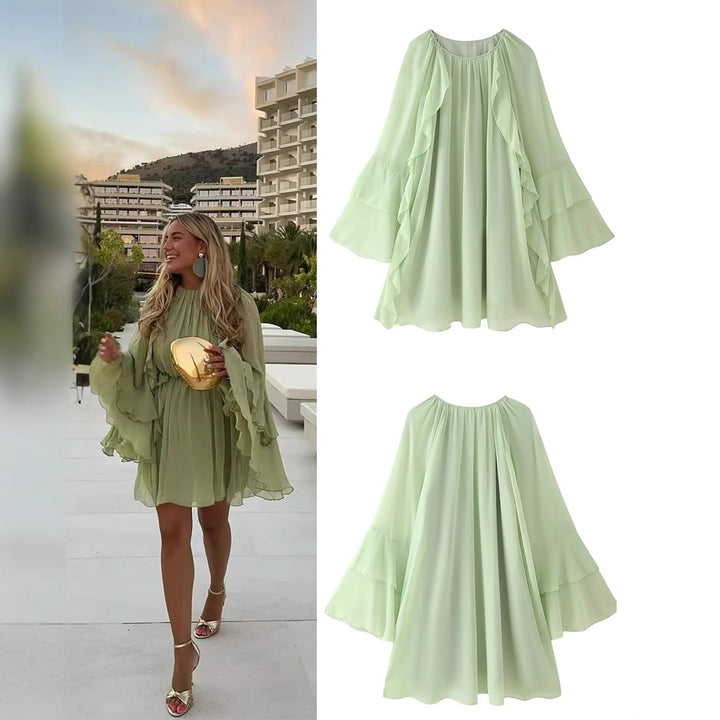 Damen nan fließendes Chiffon‑Midikleid mit Volantbesatz, weitem Glockenärmel und gerafftem Rundhalsausschnitt Echo Archiv