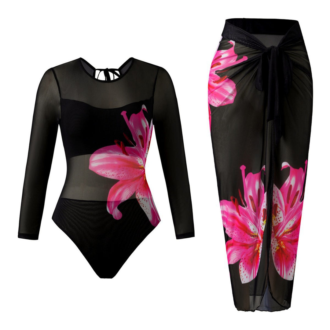 Damen Eleganter Badeanzug mit langem Arm und transparente Wickelrock Echo Archiv