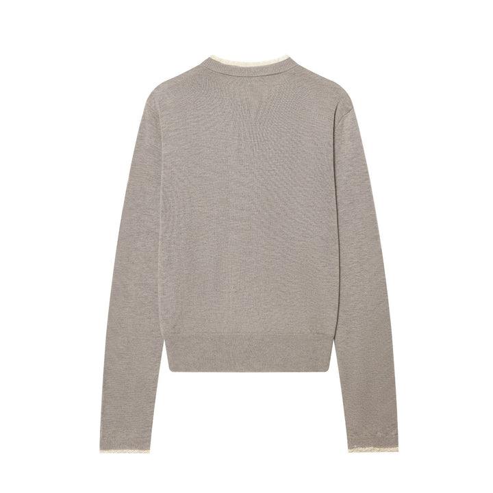 Damen kurz geschnittene Feinstrick-Cardigan mit Rundhalsausschnitt, durchgehender Knopfleiste und feiner Spitzenkante – Veloura
