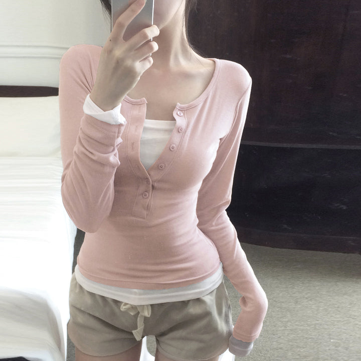 Damen nan tailliertes Henley-Crop-Longsleeve mit kontrastierenden Saum- und Ärmelbündchen Echo Archiv