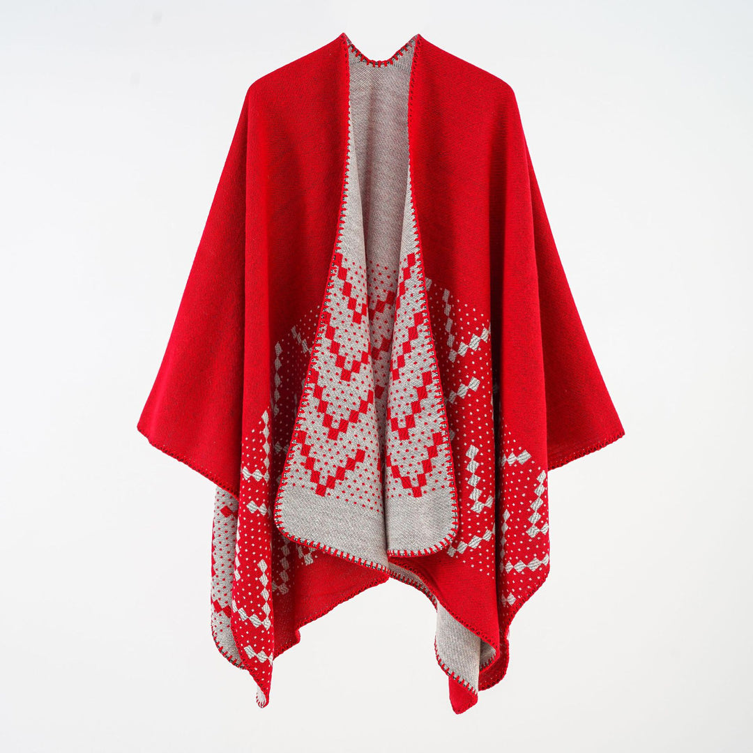 Damen Wendbarer Strickponcho mit Jacquardmuster und Zierkettelnaht Echo Archiv