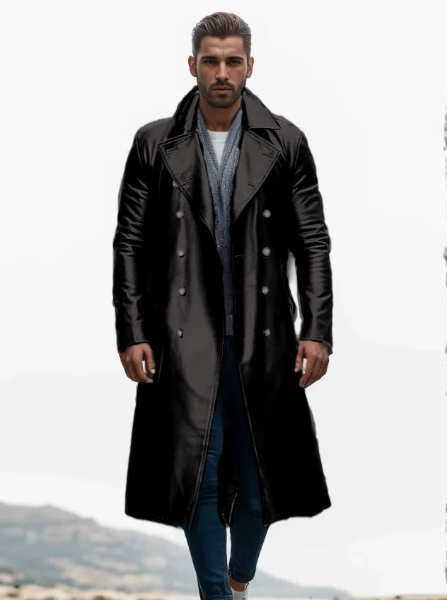 Herren Eleganter Leder-Trenchcoat mit doppelter Knopfreihe und modernem Schnitt Echoarchiv