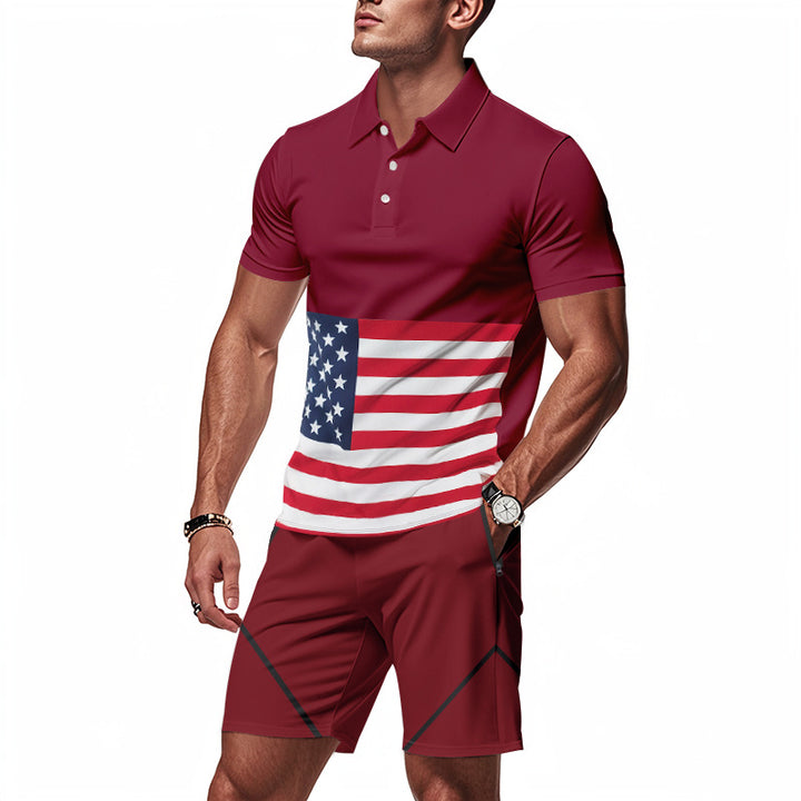 Herren Polo- und Shorts-Set mit Flaggenmotiv und elastischem Bund Echoarchiv