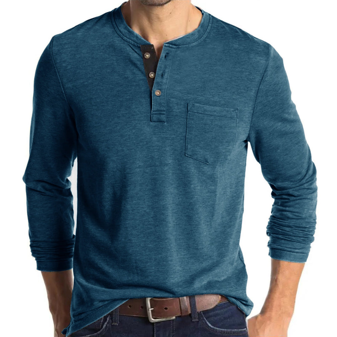 Herren Langarmshirt mit modernem Henley-Kragen und Brusttasche Echoarchiv