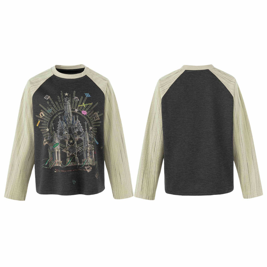 Damen Raglan‑Sweatshirt mit grafischem Kathedralprint und strukturierten Ärmeln Echoarchiv