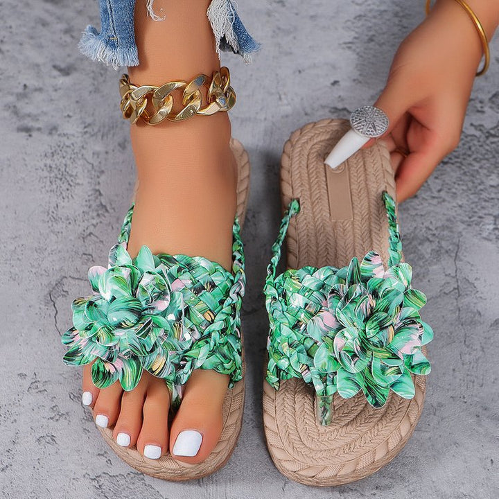 Damen Geflochtene Zehentrenner‑Sandalen mit XXL‑Blütenapplikation und gepolstertem Komfortfußbett – Sorelia