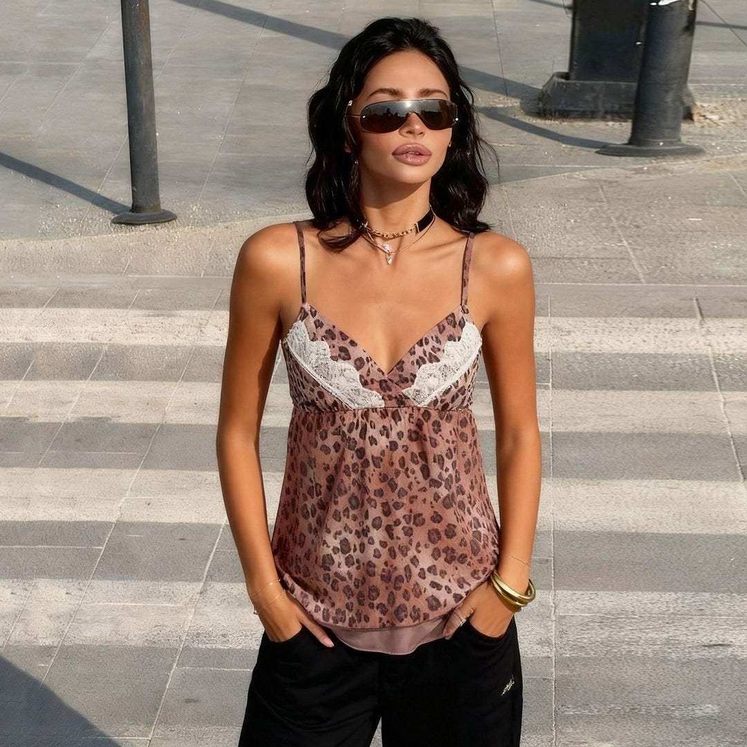 Damen sexy Spaghettiträger Camisole mit Spitzenelementen im Leopardenmuster Echo Archiv