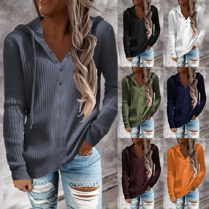Damen Lässiger gerippter Hoodie-Pullover mit Henley-Knopfleiste und Tunnelzug Echoarchiv