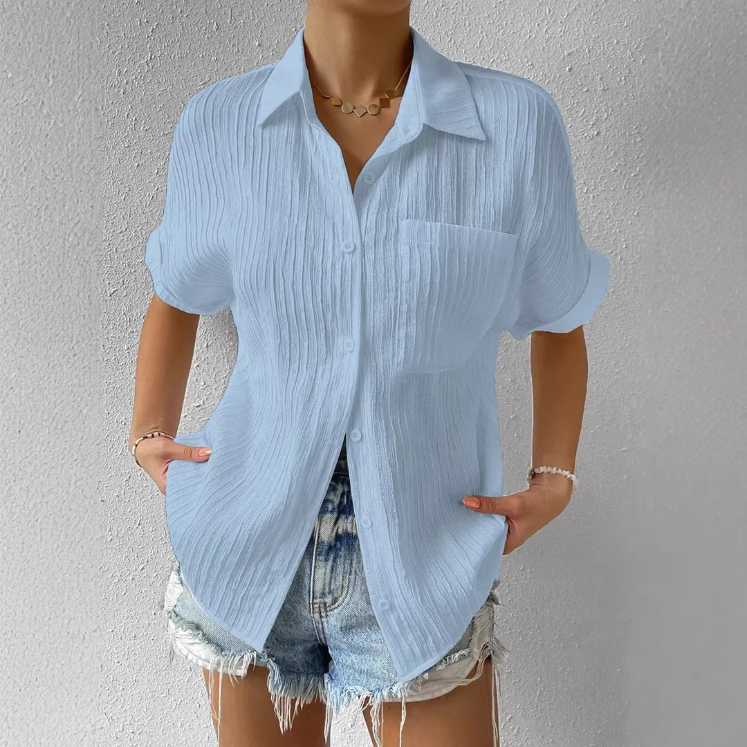 Damen lässige kurzärmlige Bluse mit Struktur und Brusttasche Echo Archiv
