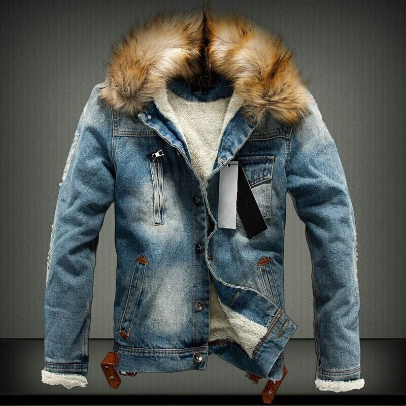 Herren Denim-Truckerjacke mit Teddyfutter, Kunstfellkapuze und Used-Details Echoarchiv