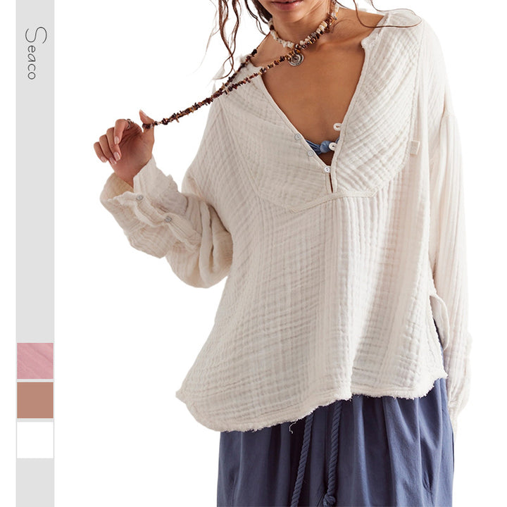 Damen Leichte Baumwoll-Gauze Bluse mit Henley-Ausschnitt – Avérine