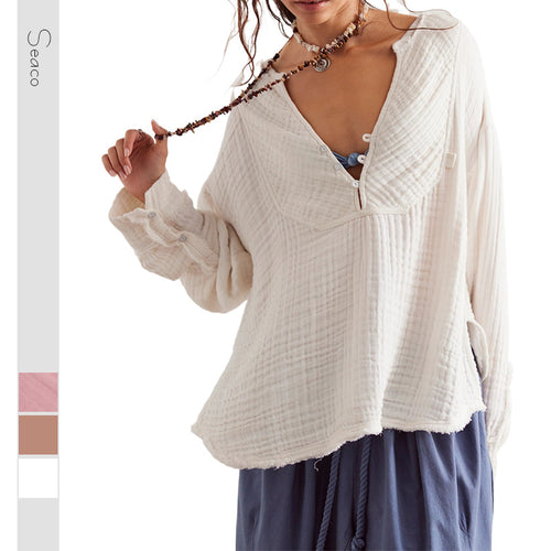 Damen Leichte Baumwoll-Gauze Bluse mit Henley-Ausschnitt – Avérine
