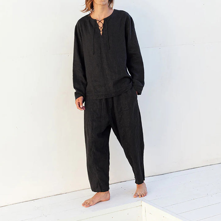 Herren Lockeres Leinen‑Look Freizeitset mit Schnürkragen und weiten Haremshosen Echoarchiv