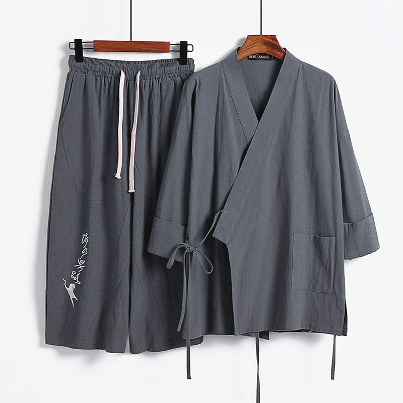 Unisex Leichtes Kimono-Loungewear-Set aus Baumwoll-Leinen mit bestickter Haremshose und Bindegürtel Echoarchiv
