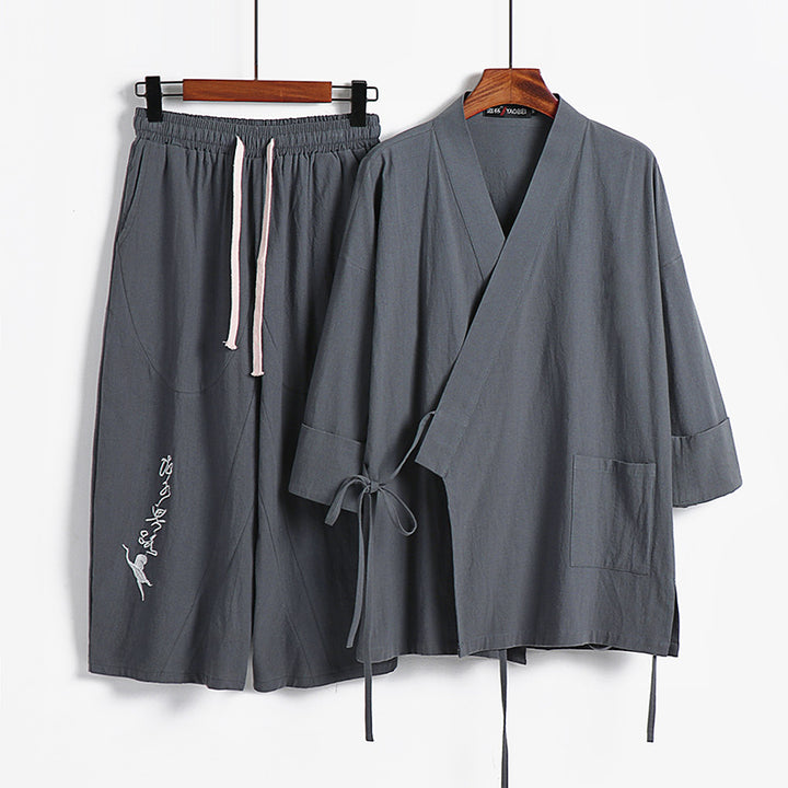 Unisex Leichtes Kimono-Loungewear-Set aus Baumwoll-Leinen mit bestickter Haremshose und Bindegürtel Echoarchiv