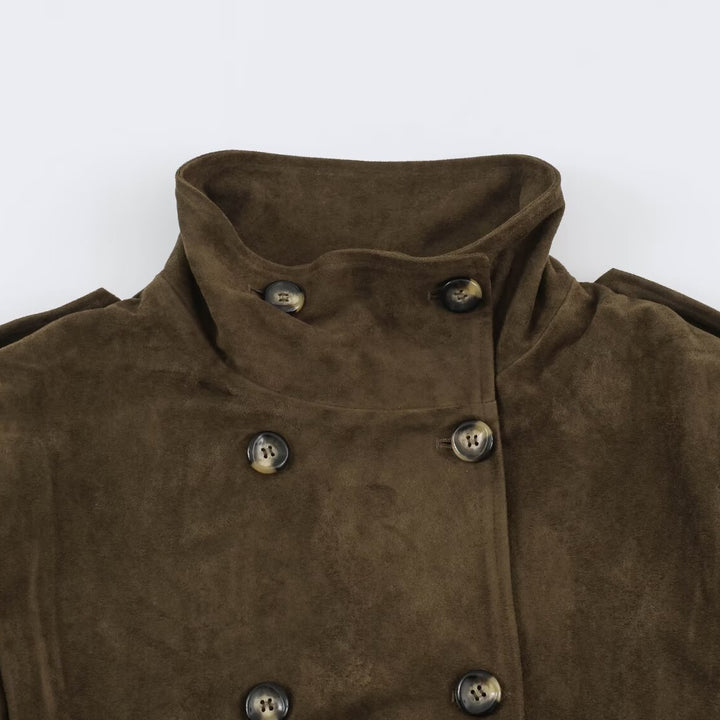 Damen Kurzgeschnittener Doppelreihiger Wildlederoptik-Bomber mit Stehkragen und Schulterpatten Echoarchiv