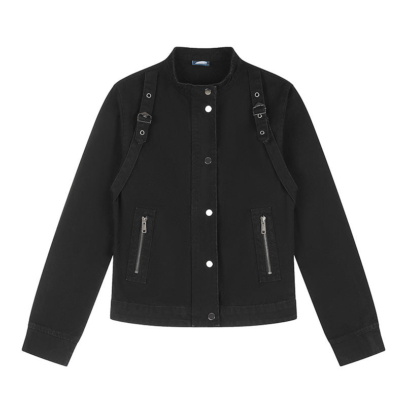 Damen Kurze Utility-Jacke mit Stehkragen, verstellbaren Schulterriemen und Druckknopfverschluss Echoarchiv