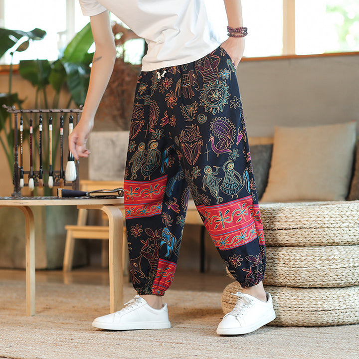 Herren Weite Haremshose im Boho-Print mit elastischem Tunnelzug und gekräuseltem Knöchelbund Echo Archiv