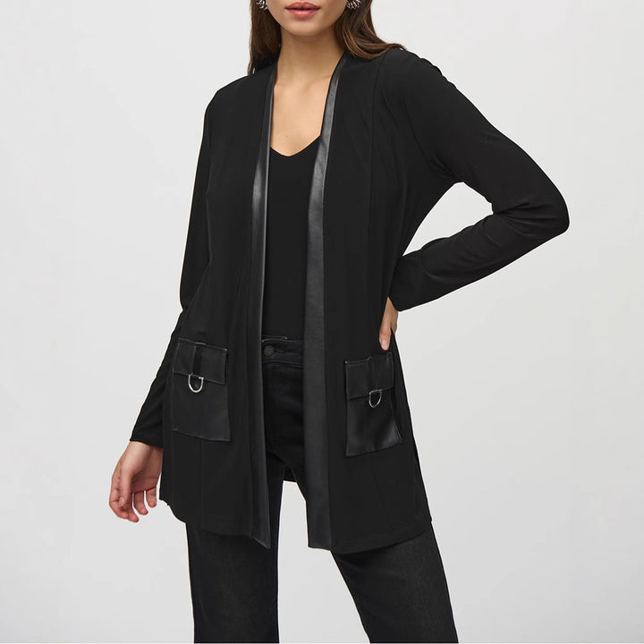 Damen nan offener Jersey-Cardigan mit Lederimitat-Besatz und D-Ring-Taschen Echo Archiv