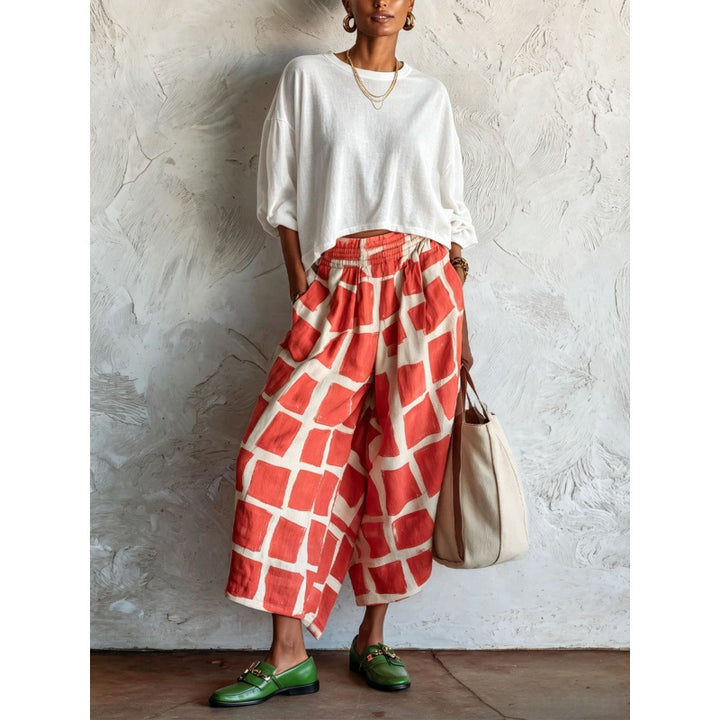 Damen Gemusterte Culotte-Palazzohose mit weitem Bein, elastischem Bund und Eingrifftaschen Echoarchiv
