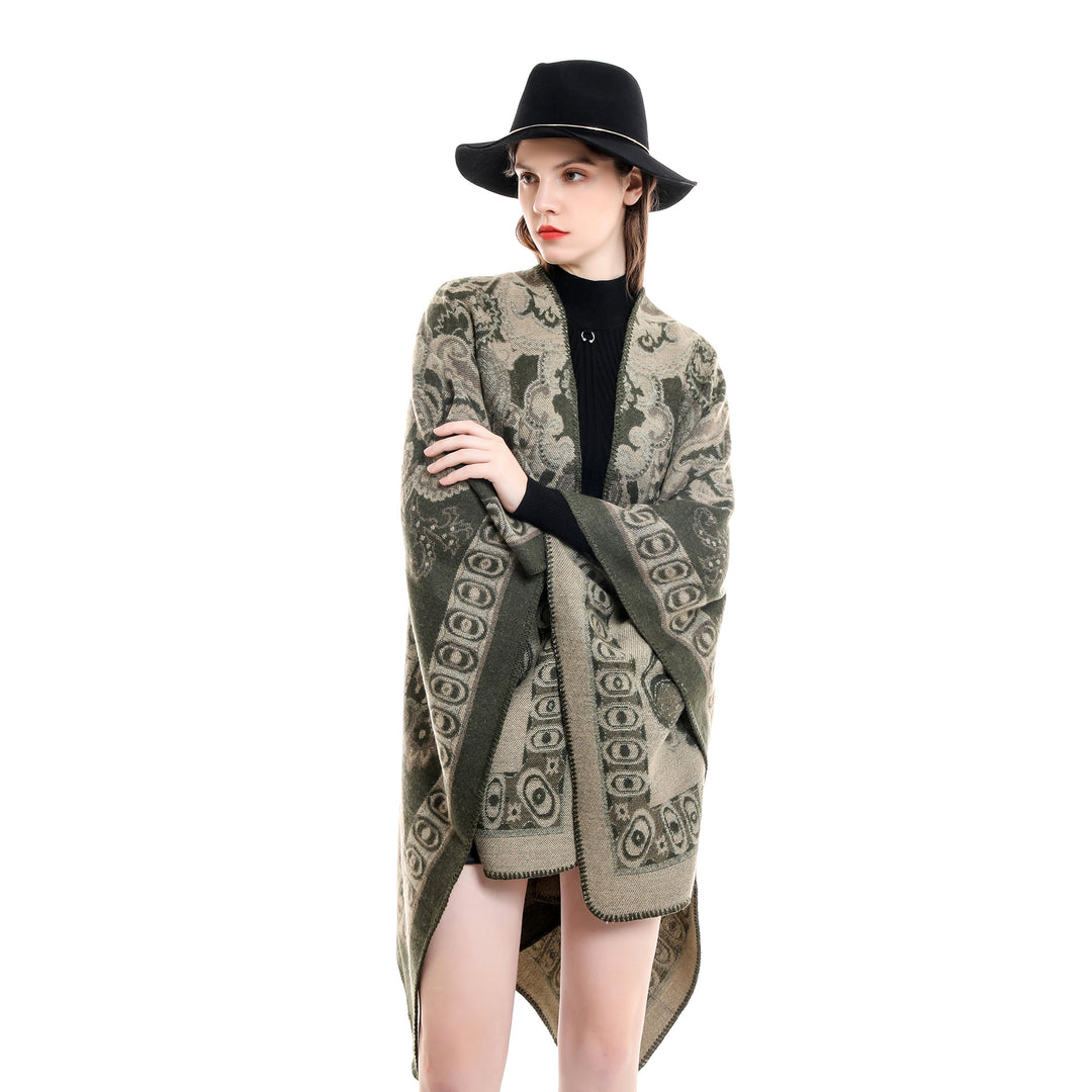 Damen Jacquard-gewebte Oversize-Ruana mit Ornamentik und offenem Kimono-Fall Echo Archiv