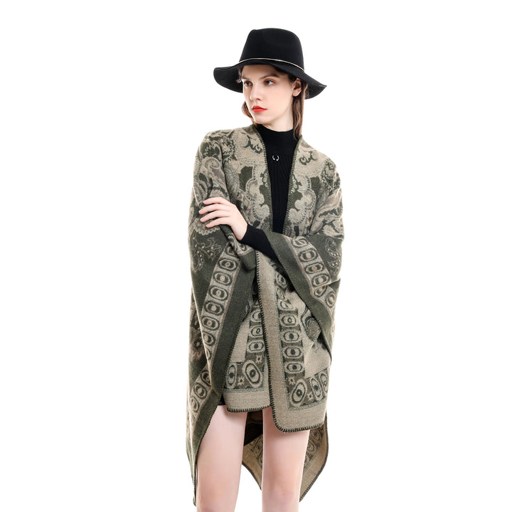 Damen Jacquard-gewebte Oversize-Ruana mit Ornamentik und offenem Kimono-Fall Echo Archiv