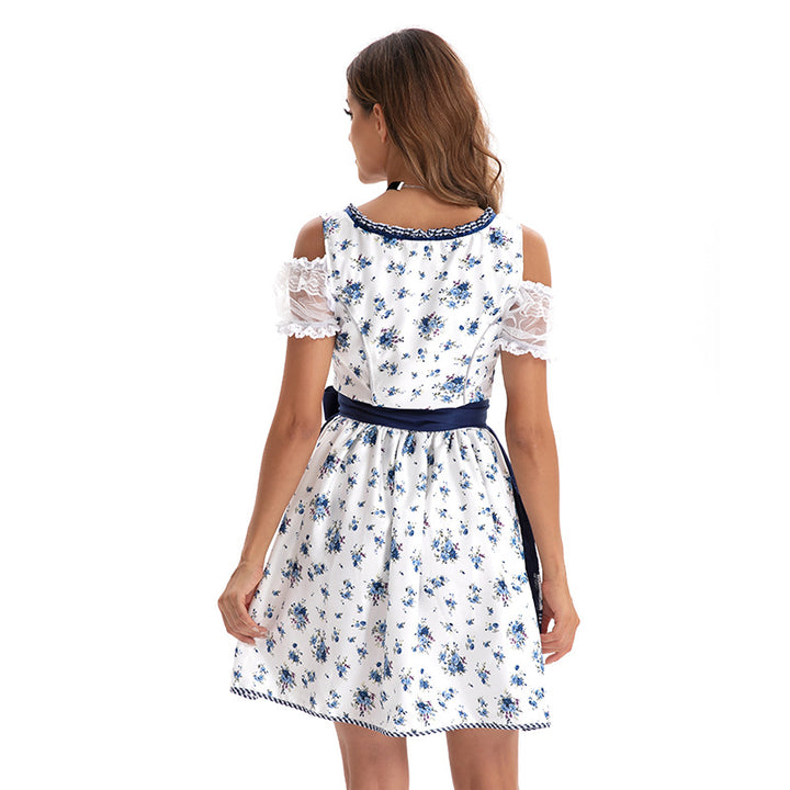 Damen nan kurzes Trachten-Dirndl mit Blumendruck, transparenten Ärmeln und taillierter Schürze Echo Archiv