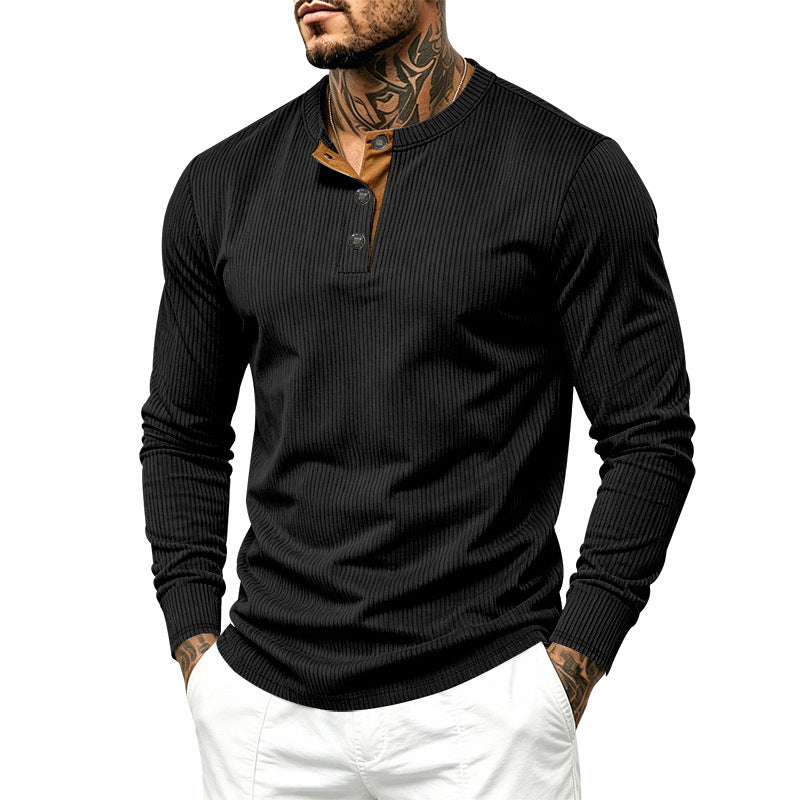 Herren Geripptes Henley-Langarmshirt aus Feinstrick mit Stehkragen und Knopfleiste – Norvane