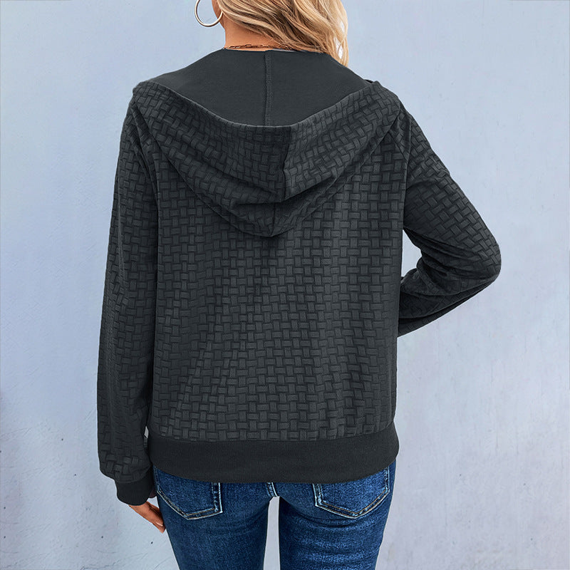 Damen Texturiertes Kapuzen-Henley-Pullover mit Knopfleiste und Kängurutasche Echoarchiv