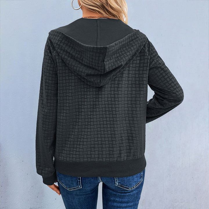 Damen Texturiertes Kapuzen-Henley-Pullover mit Knopfleiste und Kängurutasche Echoarchiv