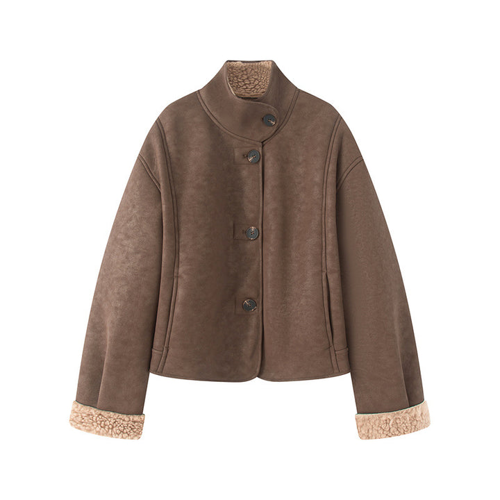 Damen kurze Lammfelloptik-Jacke mit hohem Stehkragen und geknöpfter Front – Célinea