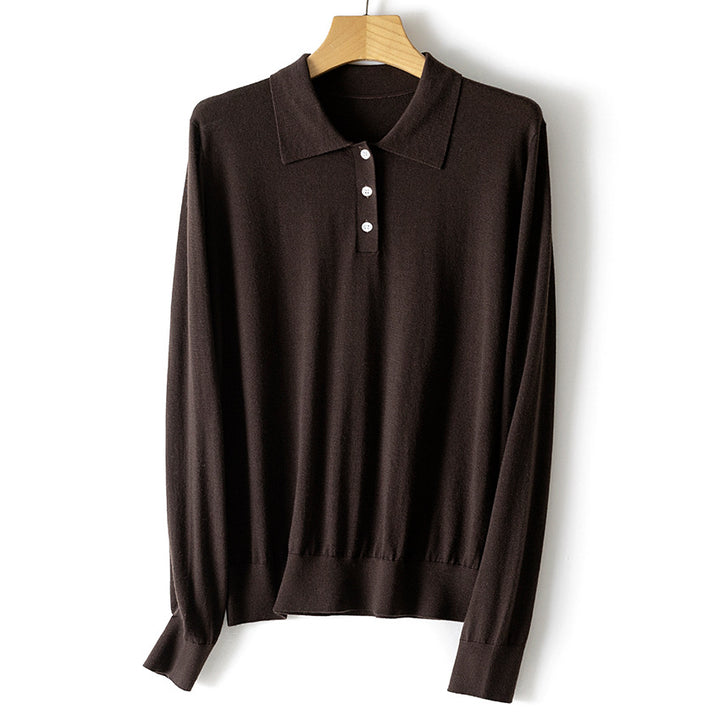 Damen Feiner Langarm-Polo-Pullover aus Feinstrick mit Knopfleiste Echoarchiv