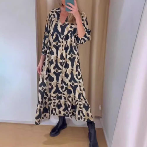 Damen nan weites Stufenmaxikleid mit V-Ausschnitt geraffter Brustpasse und Dreiviertelärmeln Echo Archiv