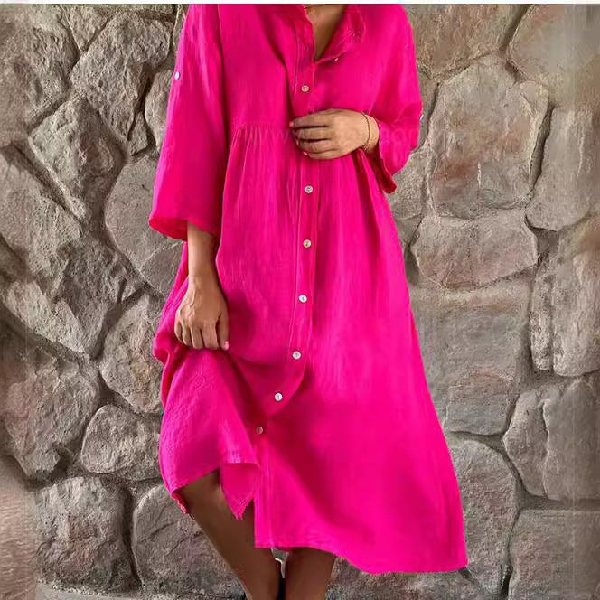 Damen Locker Midi Kleid aus Leinenmischung mit durchgehendem Knopfleiste und Seitentaschen – Élara