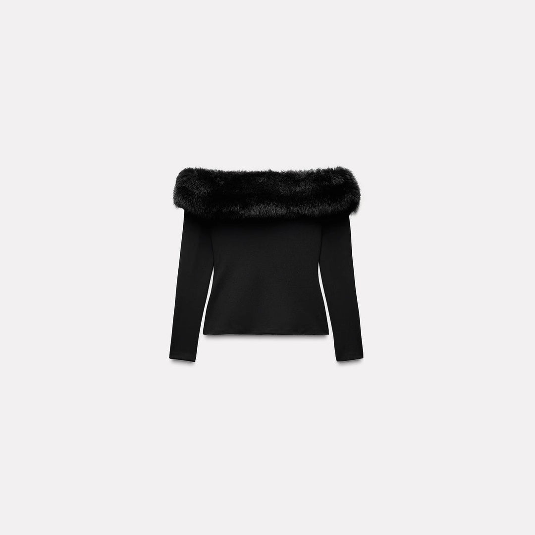 Damen Schulterfreier Langarmpullover mit weitem Faux‑Fur‑Schalkragen Echo Archiv