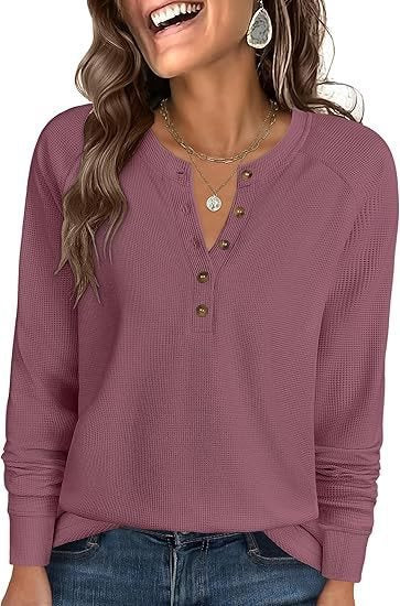 Damen Waffelstrick-Henley-Longsleeve mit Knopfleiste, Raglanärmeln und gerippten Bündchen Echo Archiv